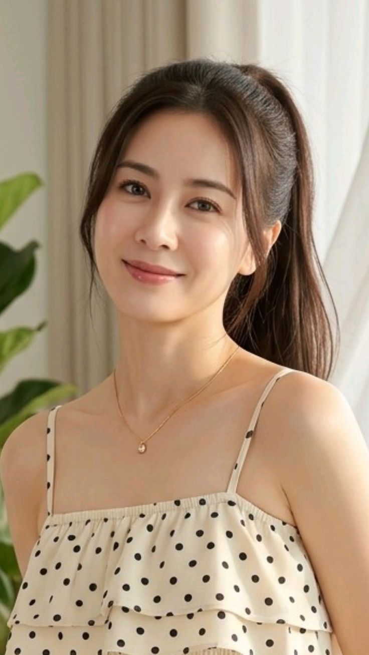 Woman with a ponytail wearing a polka dot top and a necklace, smiling indoors