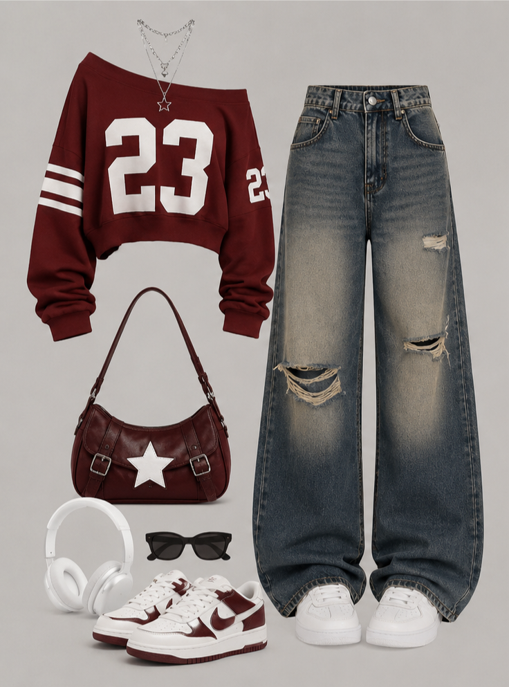 A casual outfit featuring a cropped sweatshirt, distressed jeans, and accessories