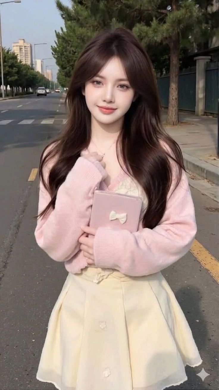Woman with long brown hair wearing a pink cardigan and pleated skirt on a street