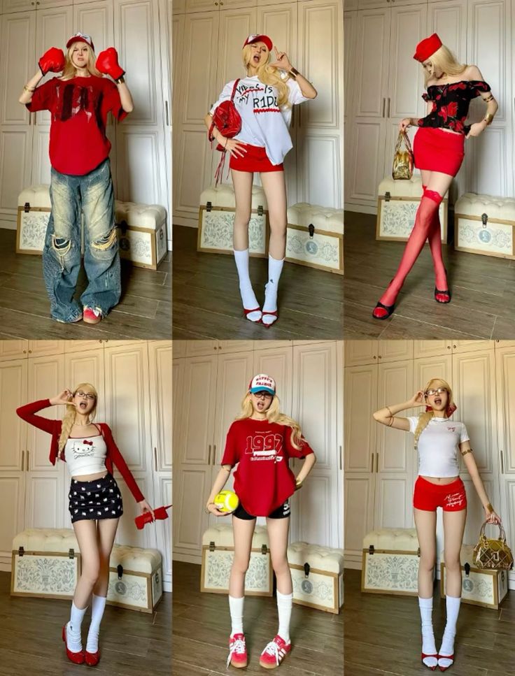 Multiple women in various red and white outfits posing indoors
