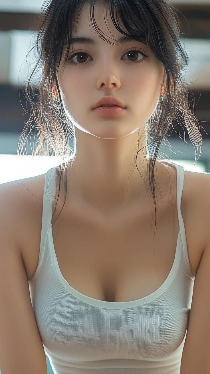 Woman with wet black hair wearing a white tank top with soft lighting