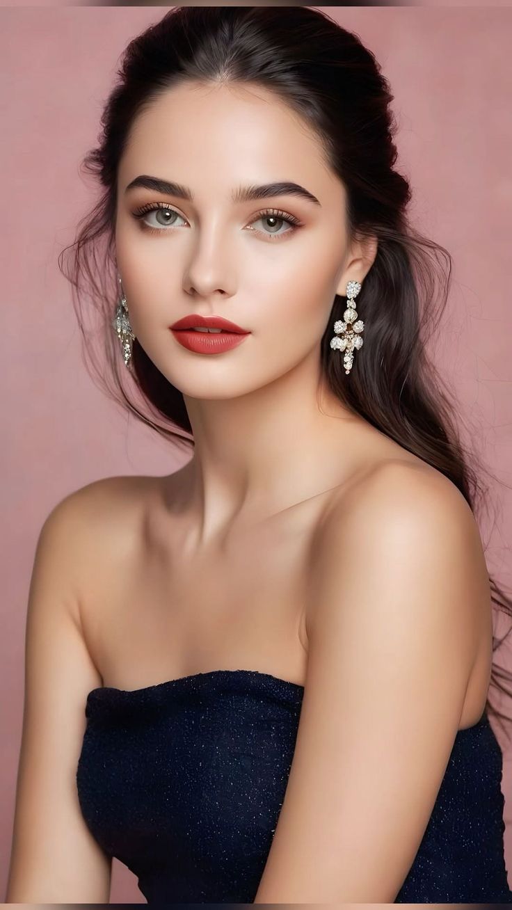 Woman with dark hair and red lipstick wearing a strapless top and earrings
