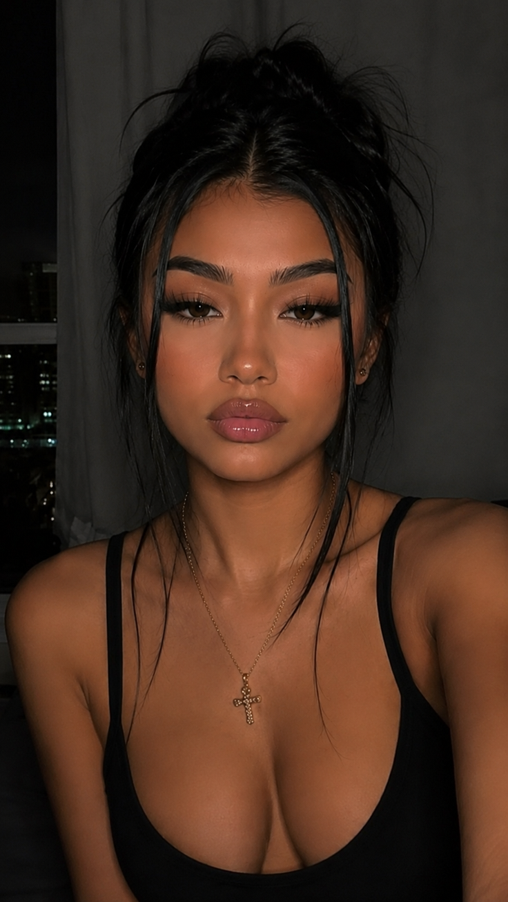 Woman with a messy bun and a gold cross necklace, showing cleavage