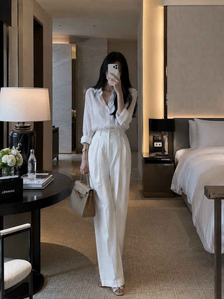 Woman in a white shirt and wide leg pants taking a mirror selfie in a hotel room
