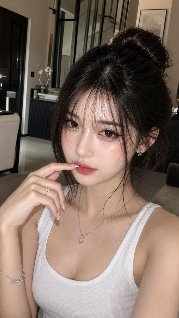 Woman with a messy bun and a white tank top, wearing a heart necklace