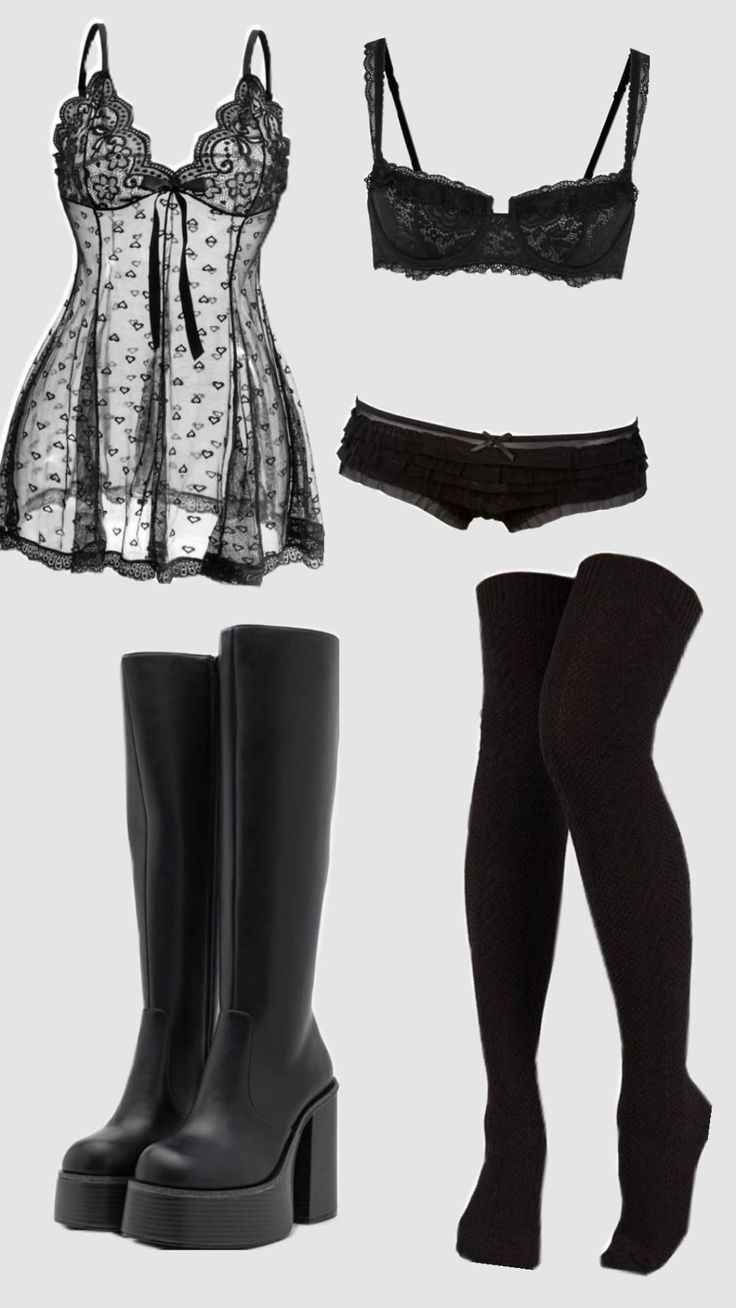 Collection of black lingerie, platform boots, and thigh-high socks