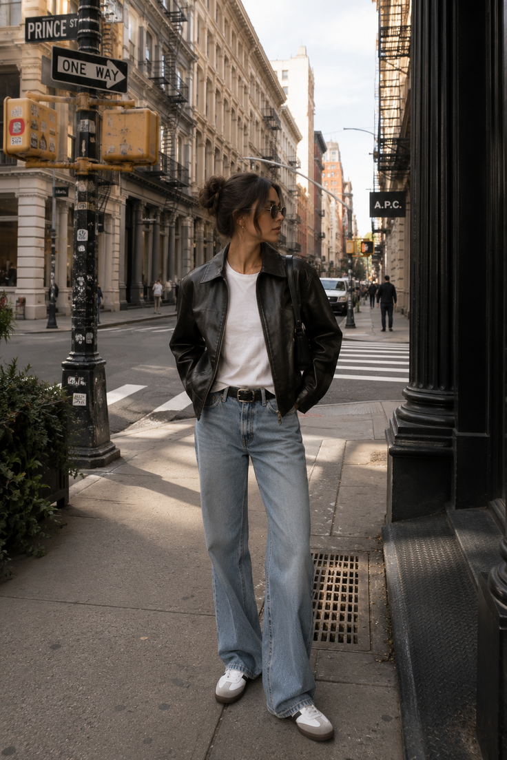Woman in a leather jacket and wide leg jeans on a city street