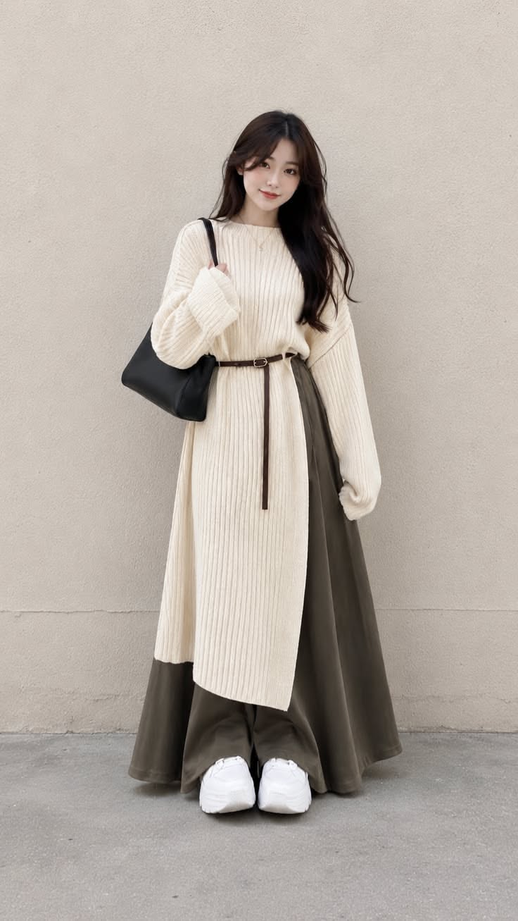 Woman in a cream sweater dress with a brown belt and black shoulder bag