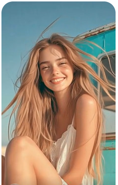 Smiling woman with long blonde hair and freckles outdoors under a blue sky
