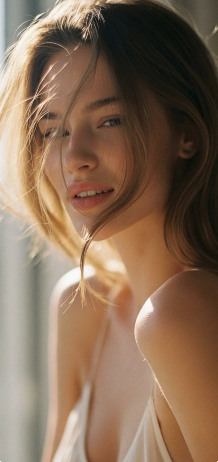 Woman with blonde hair and exposed shoulders in soft backlight