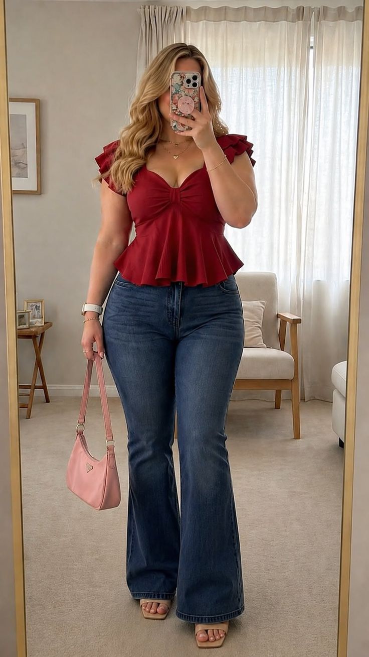 Woman with blonde hair in a red top and flared jeans holding a pink handbag