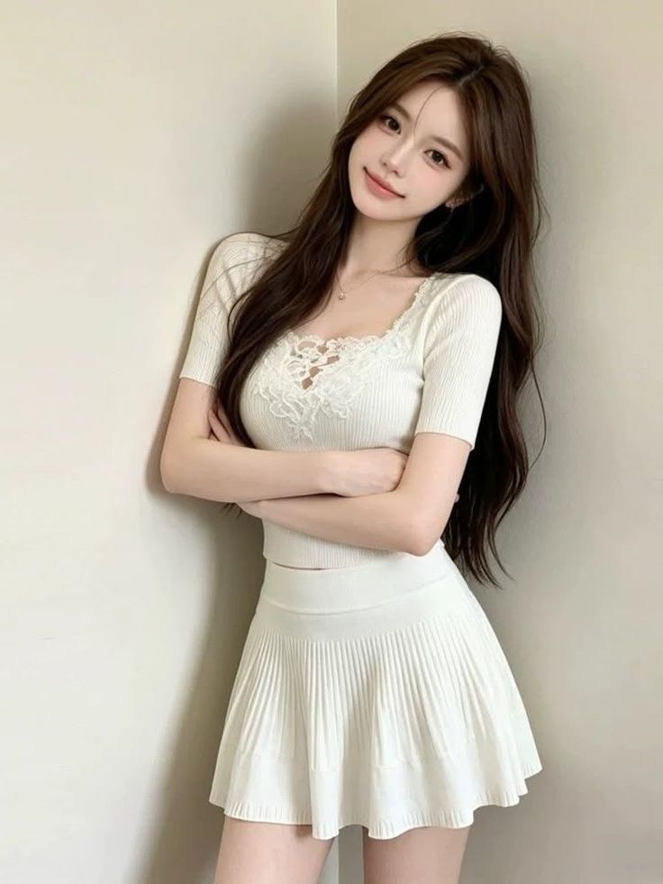 Woman with long brown hair wearing a white top and pleated skirt, arms crossed