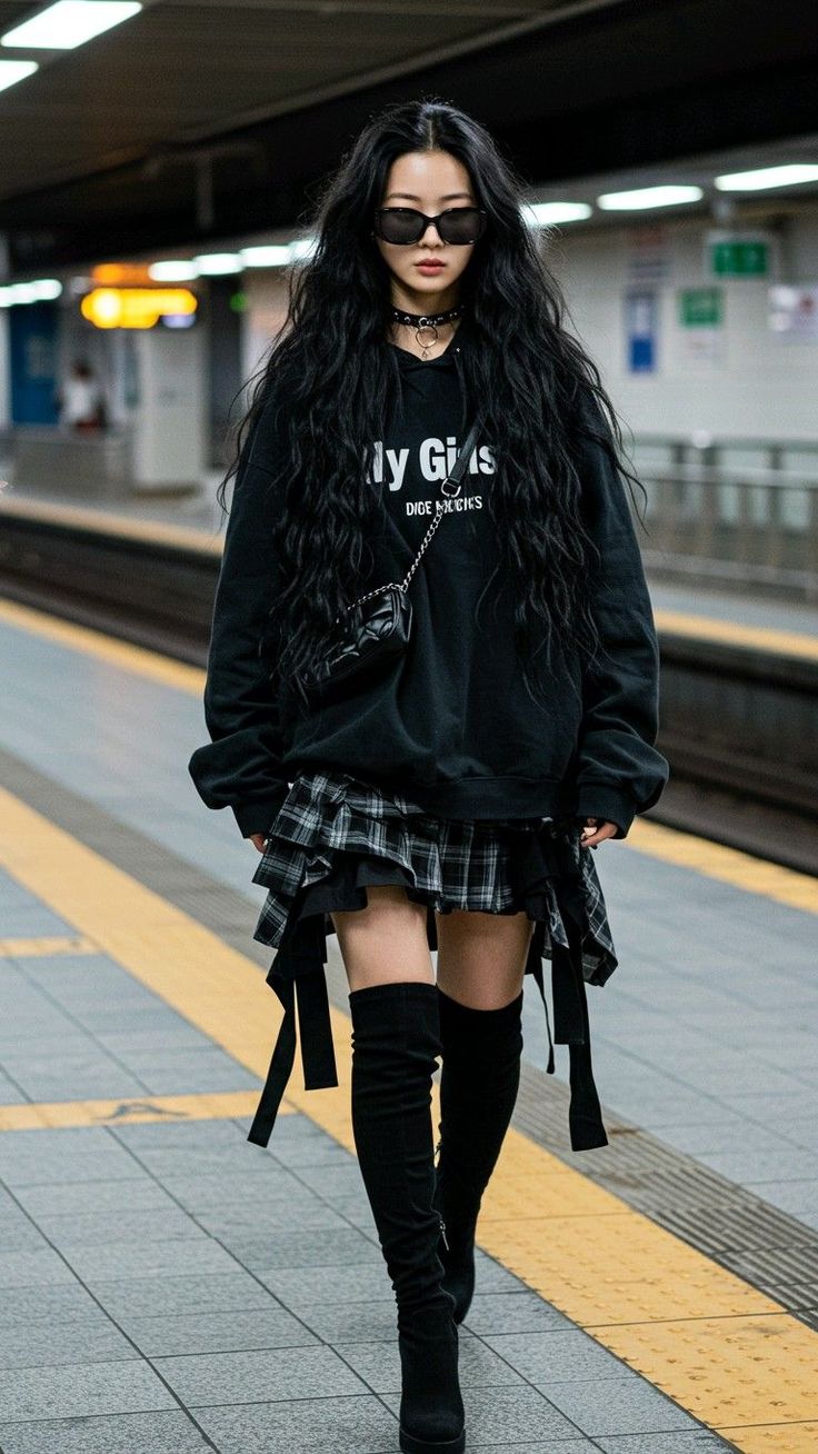 Woman with long black hair and sunglasses in a subway station