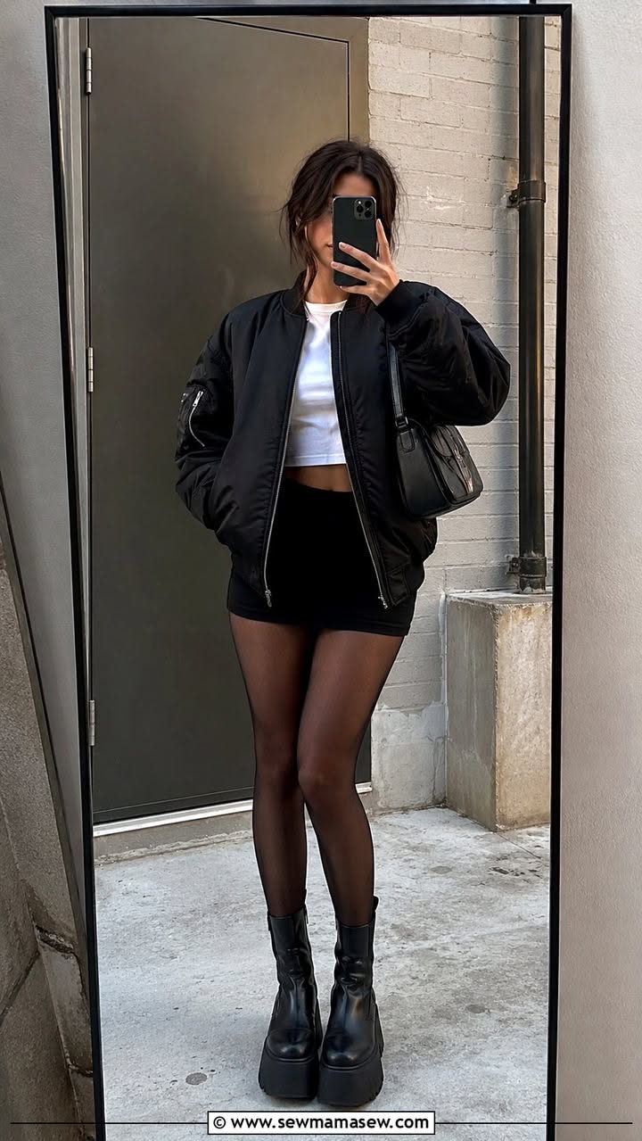 Woman in a black bomber jacket and mini skirt taking a mirror selfie outdoors
