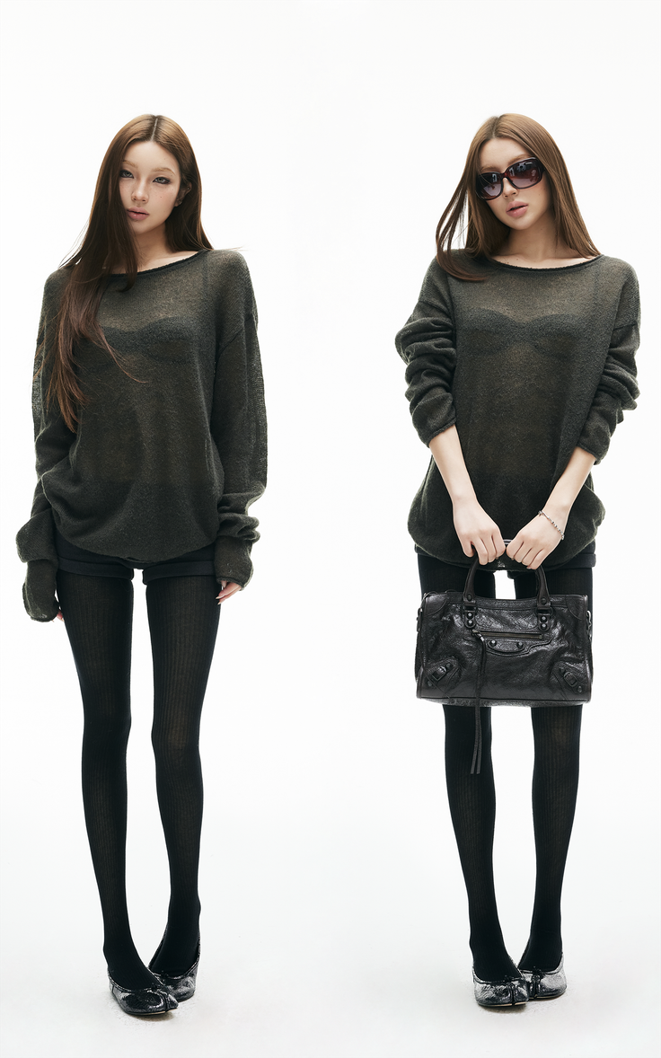 Two full body shots of a woman in a sheer top and black tights on a white background