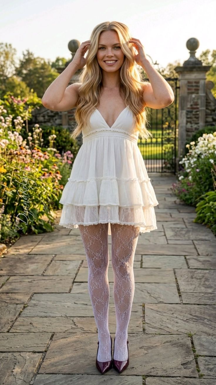 Woman in a white dress and lace tights posing in a garden
