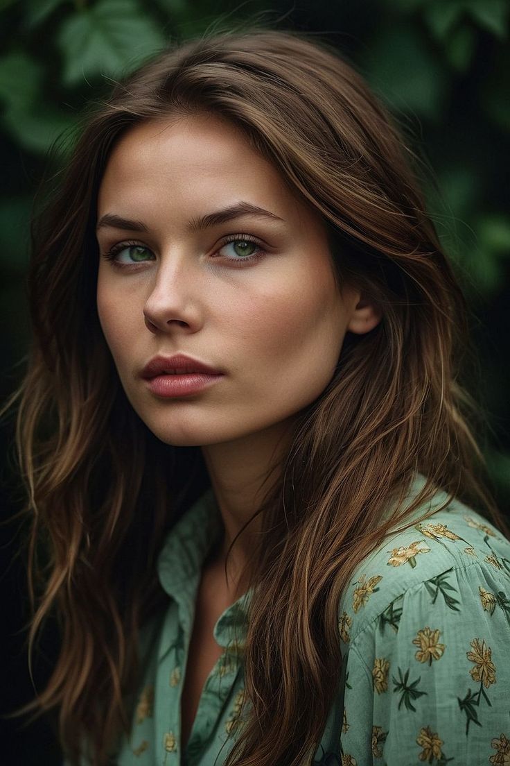 Woman with green eyes and long brown hair wearing a green floral shirt outdoors