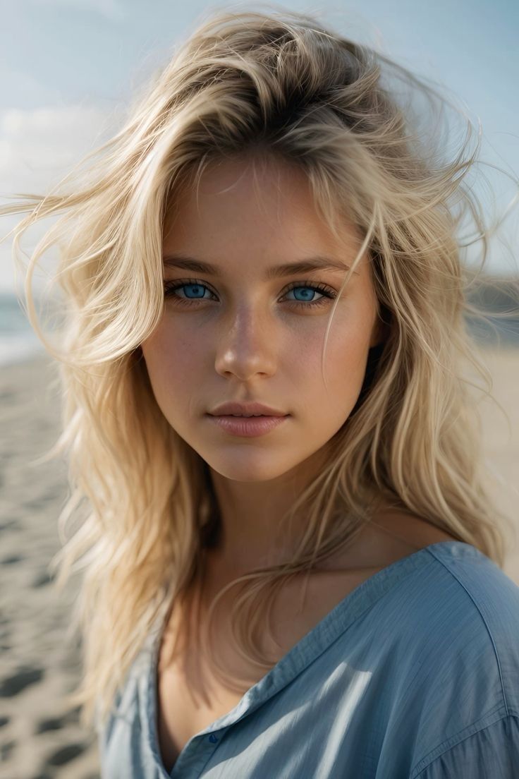 Woman with blonde hair and blue eyes on a beach