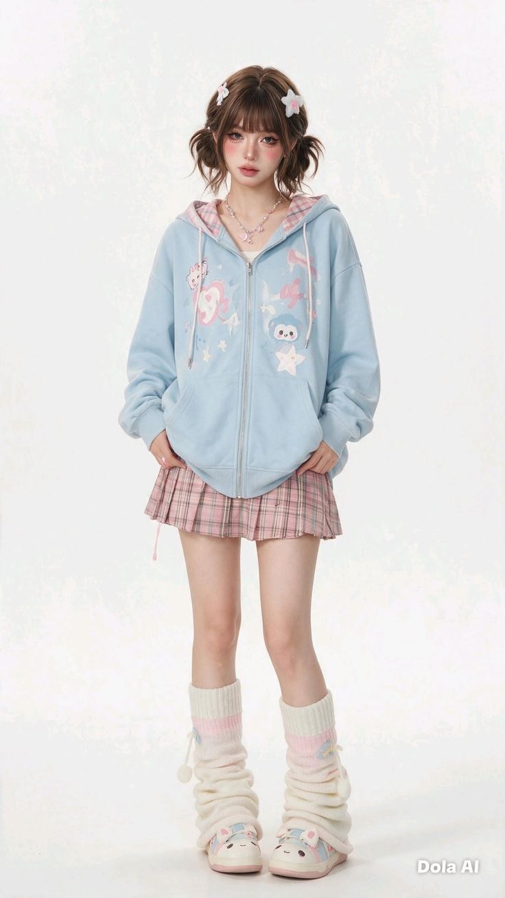 Anime style girl in a blue hoodie and pink plaid skirt with leg warmers
