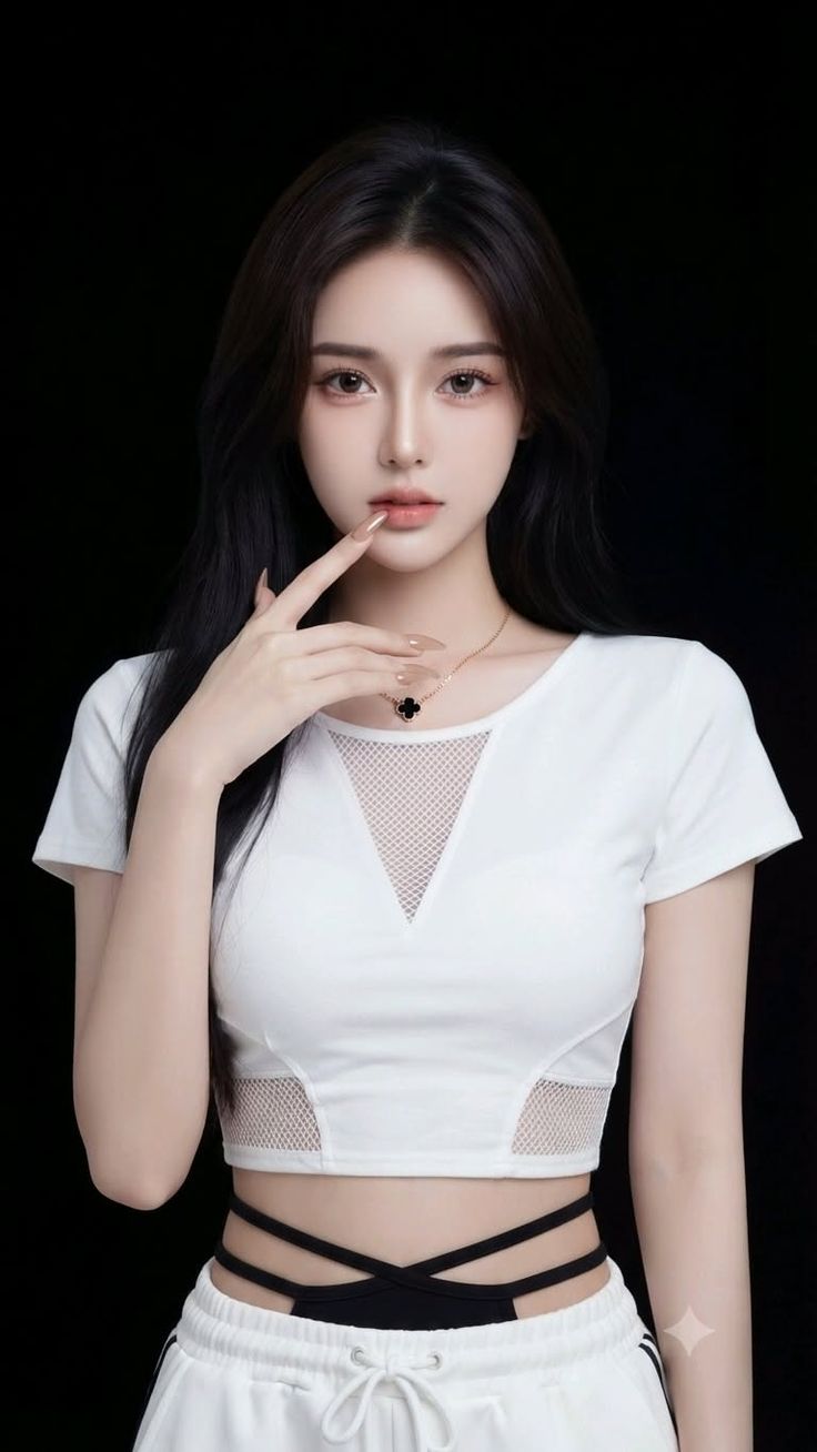 Woman with long dark hair wearing a white crop top with mesh details and a black choker