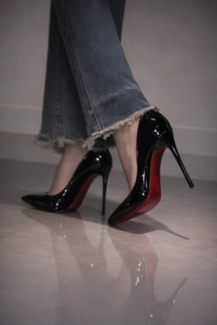 Person wearing black high heels with red soles and frayed denim jeans