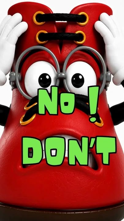Red cartoon shoe character with glasses and white gloves, expressing shock with text overlay