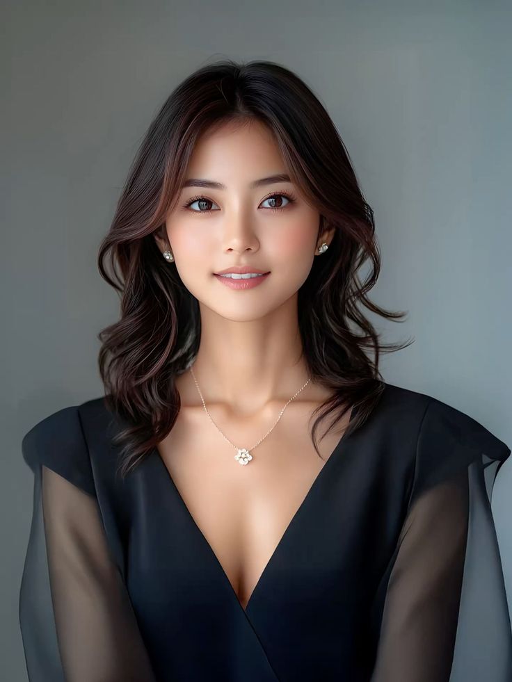 Woman with long dark hair wearing a black dress and jewelry