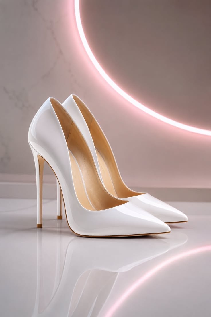 White high heels with a glossy finish under neon lighting