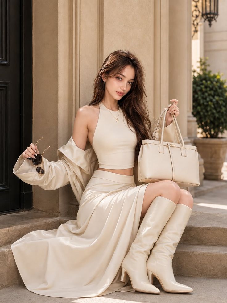 Woman in a cream-colored crop top and midi skirt with high boots and a handbag