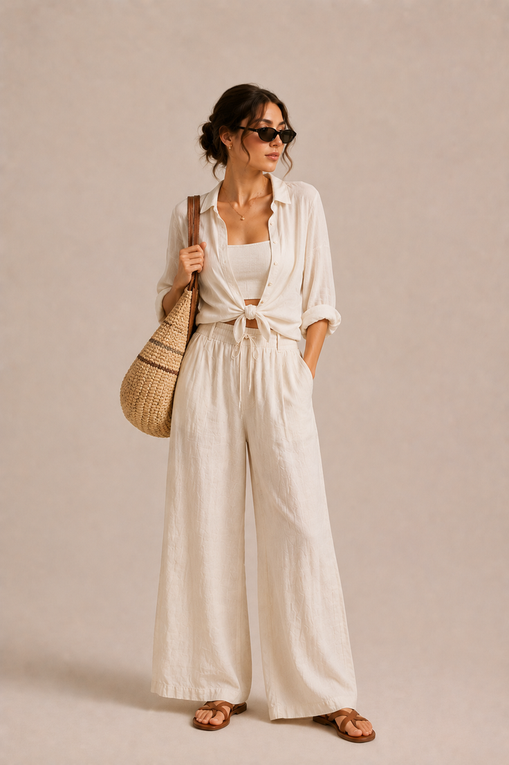 Woman in a white linen outfit with a straw bag and sunglasses