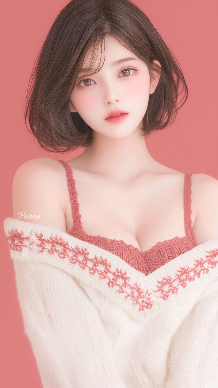 Illustration of a woman with short hair wearing a knitted top and off-shoulder sweater