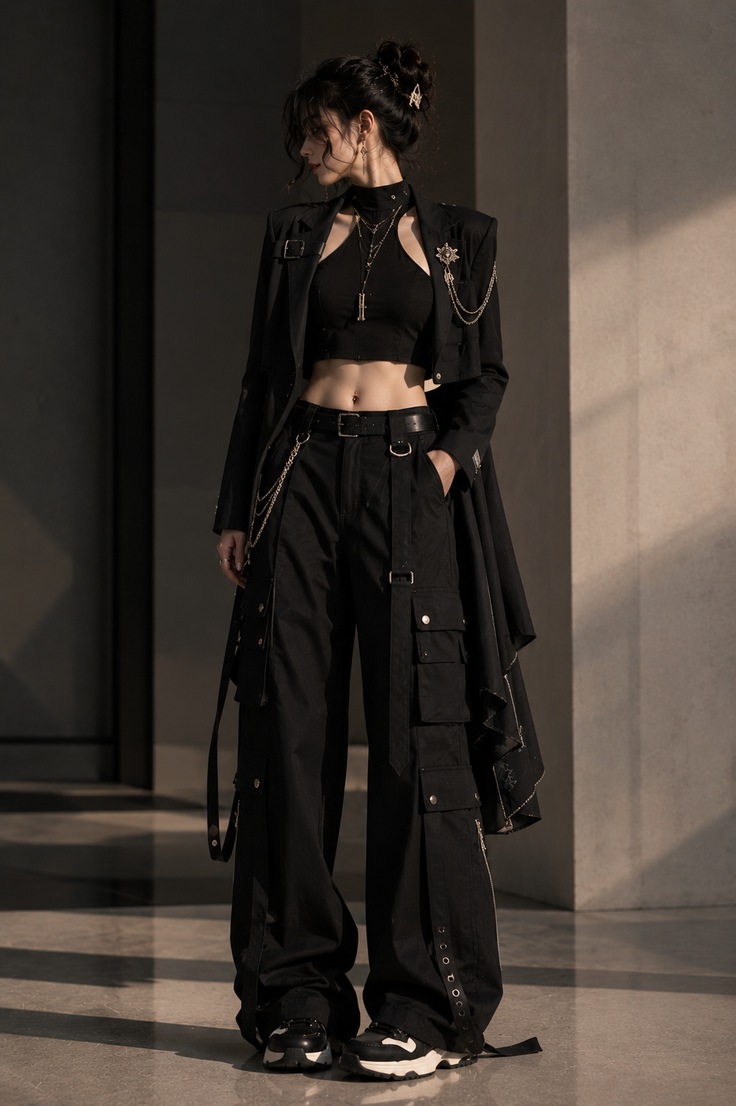 Woman in a black crop top and cargo pants with chains and accessories