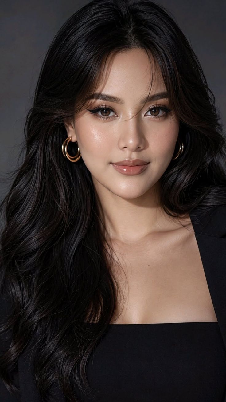 Woman with long black hair and hoop earrings in a black top