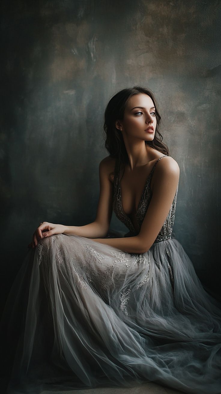 Woman in an evening dress with deep cleavage, sitting indoors with soft lighting