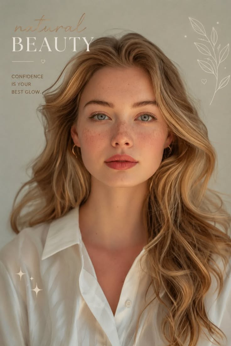 Woman with blonde hair and freckles wearing a white shirt, with text overlay