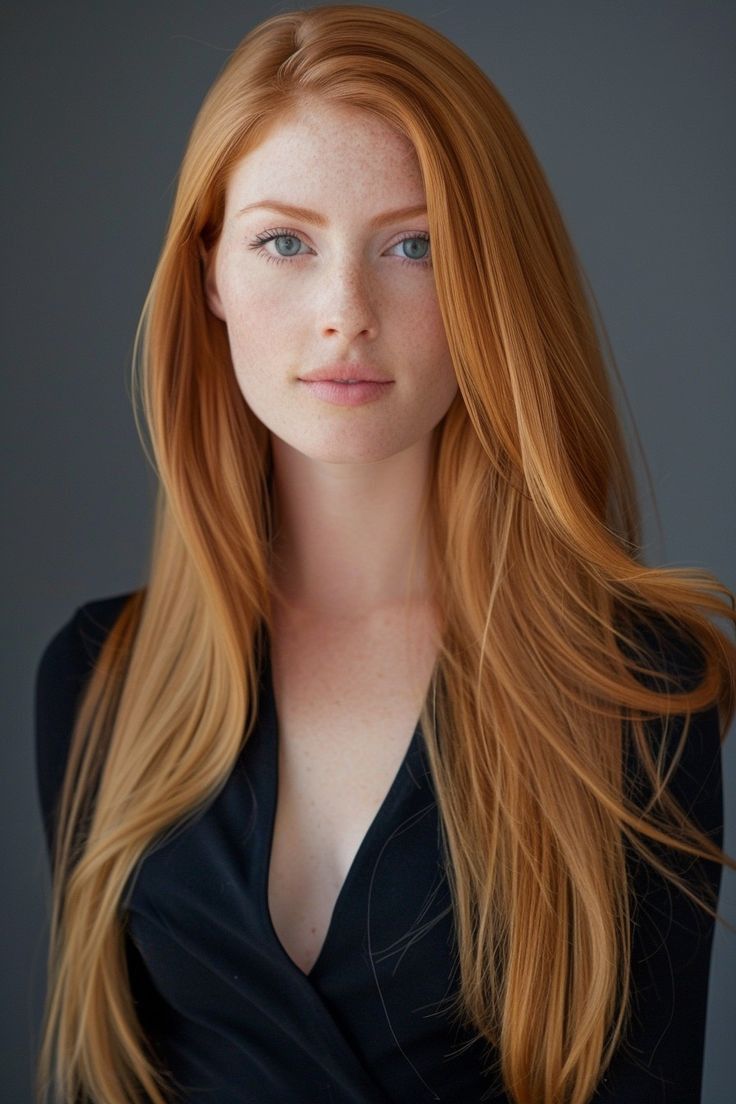 Woman with long red hair and freckles wearing a black top