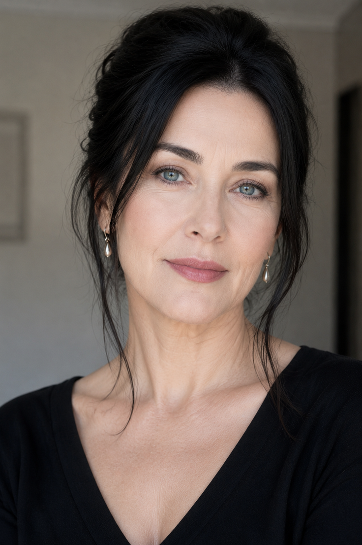 Woman with black hair in an updo wearing a black top and earrings
