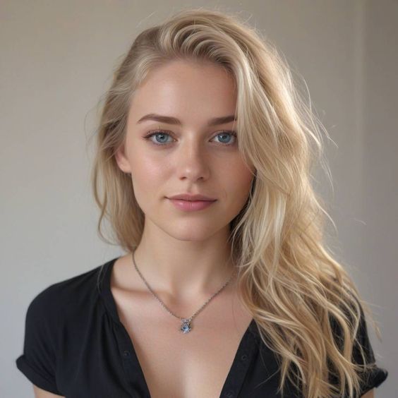 Blonde woman with blue eyes wearing a black shirt and necklace