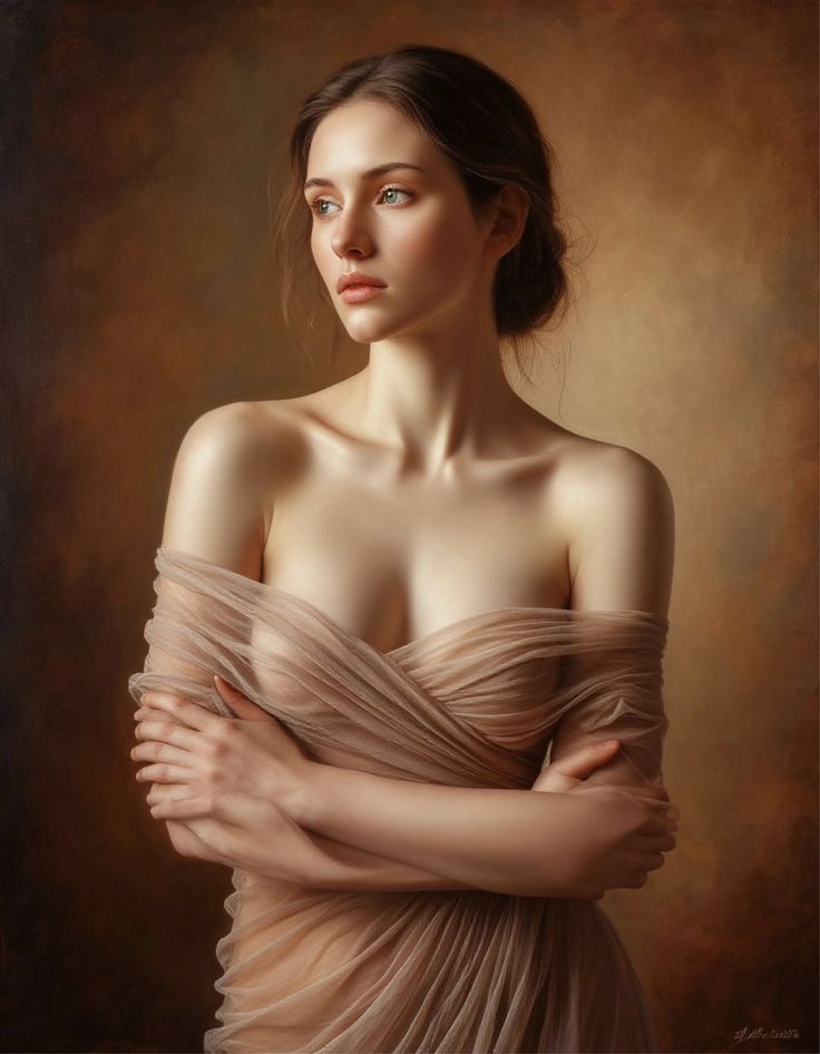 Woman with bare shoulders draped in sheer fabric, looking to the side