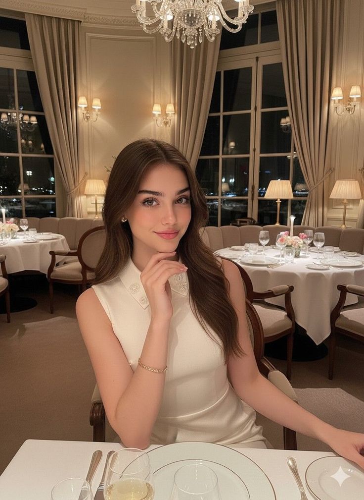Woman in a white dress with long hair sitting at a table in an elegant restaurant