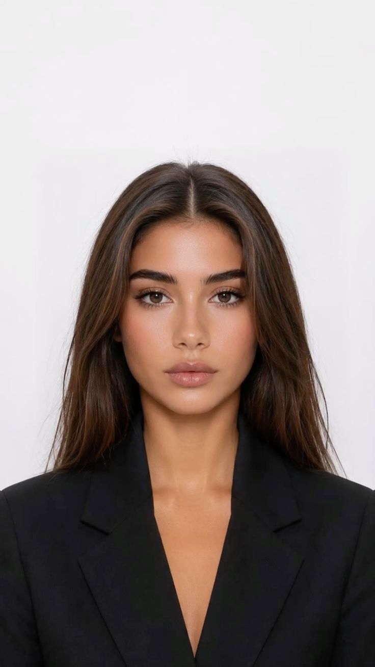 Woman with long dark hair wearing a black blazer against a white background
