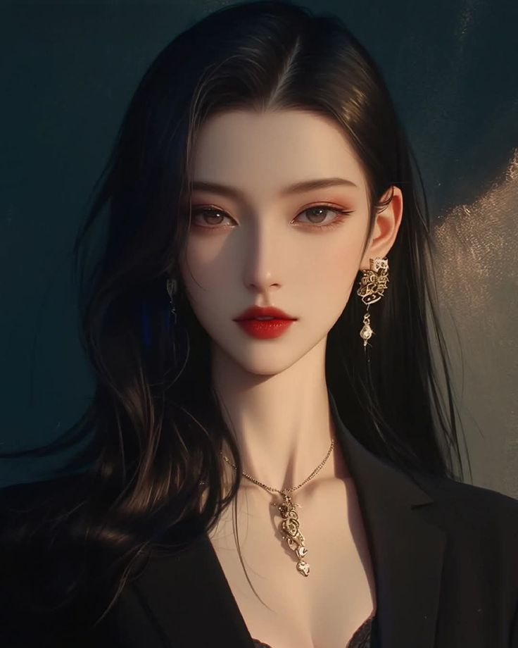 Illustration of a woman with long black hair wearing a black blazer and gold jewelry