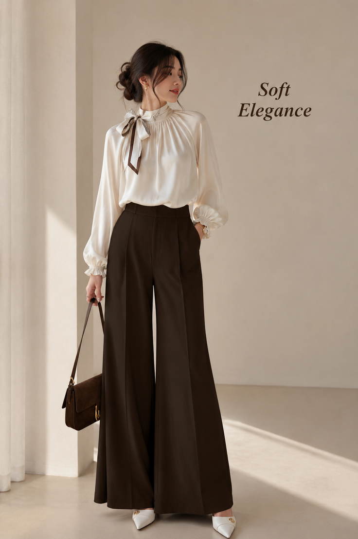 Woman in a white blouse and wide leg pants holding a brown handbag