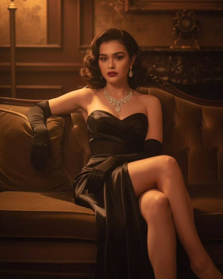 Woman in a black dress and long gloves sitting on a couch
