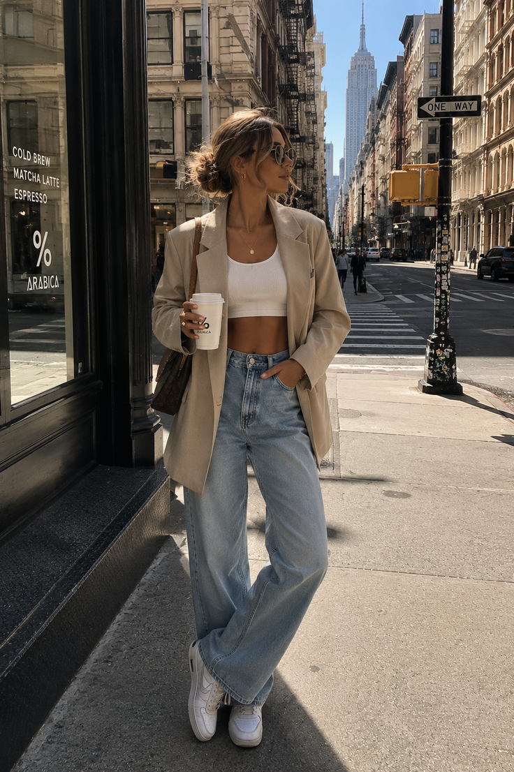 Woman in a blazer and jeans holding a coffee cup on a city street
