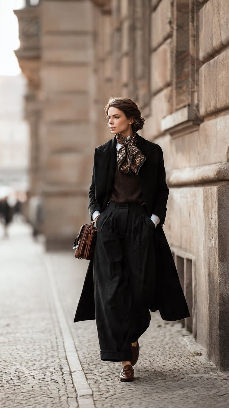 Woman in a long coat and wide leg pants walking on a cobblestone street