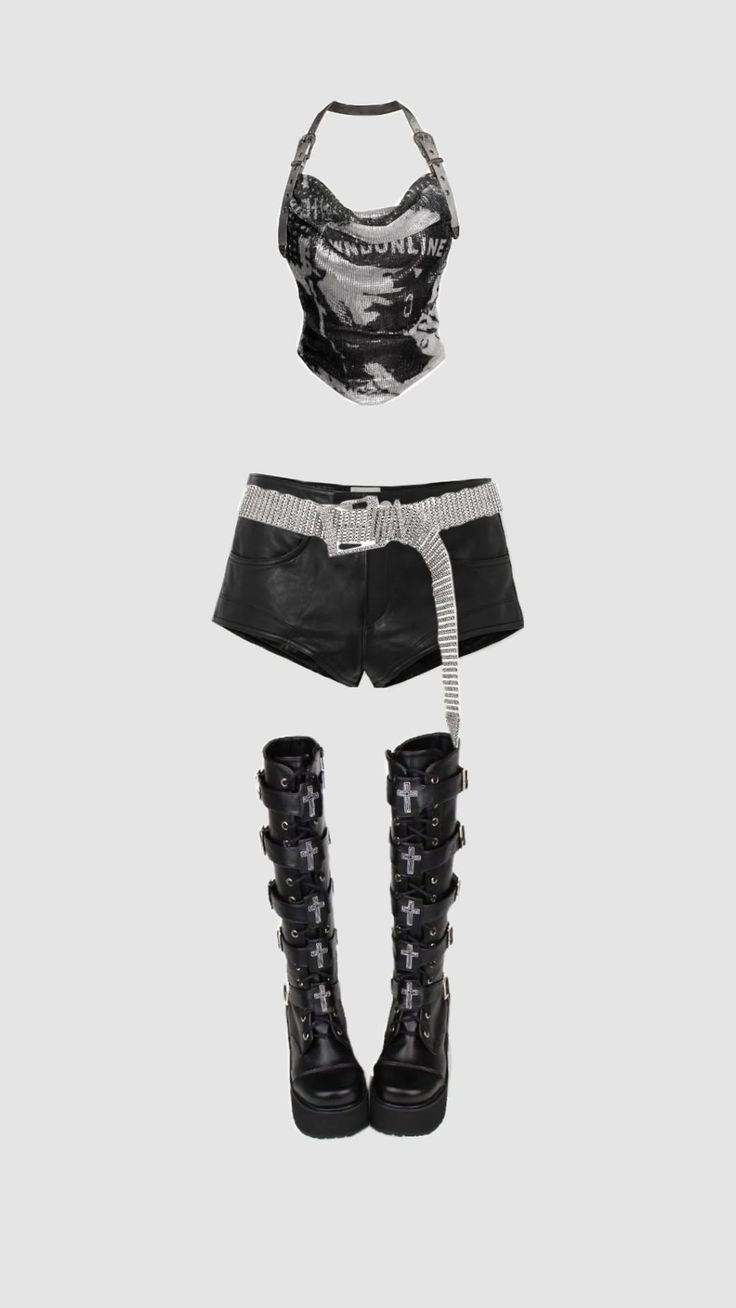 Gothic style outfit with a black halter top, leather shorts, and platform boots