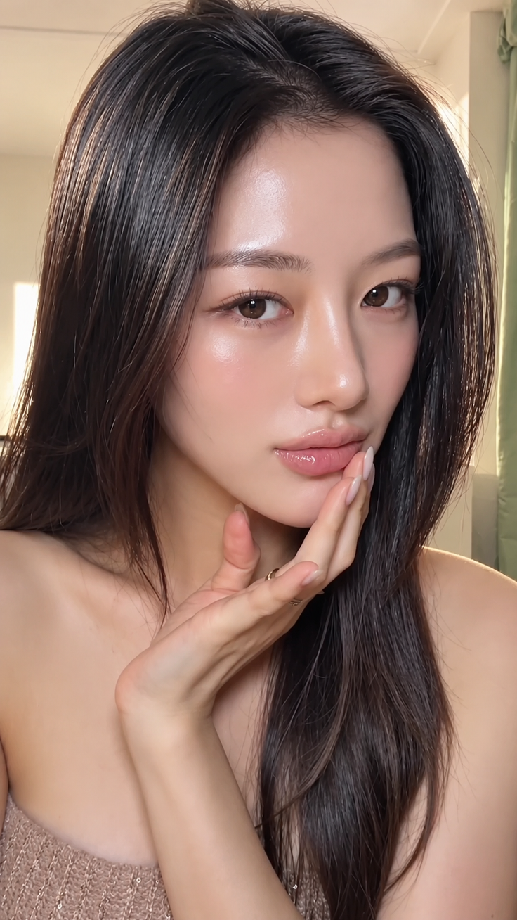 Woman with long dark hair and glossy lips, touching her chin
