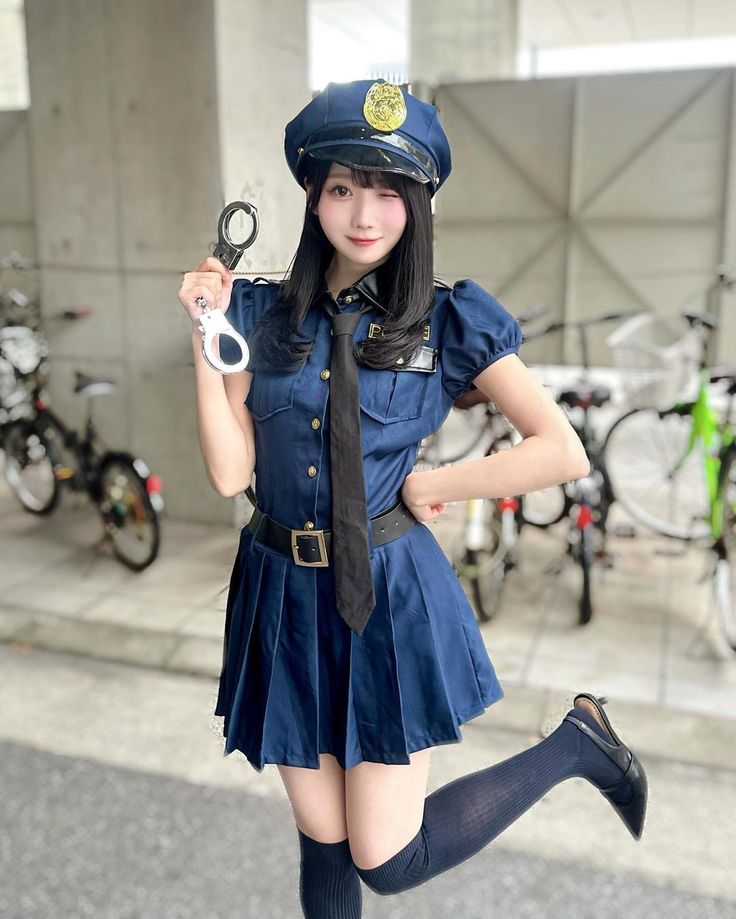Woman in a police uniform holding handcuffs and winking