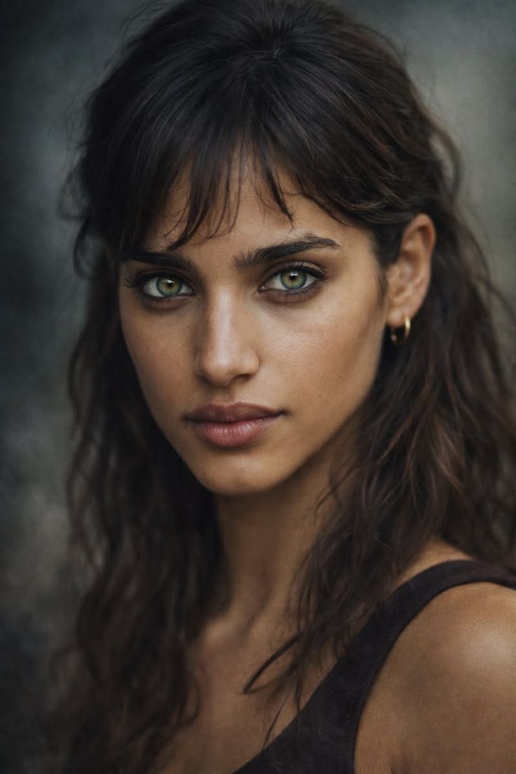 Close up portrait of a woman with green eyes and dark, wavy hair